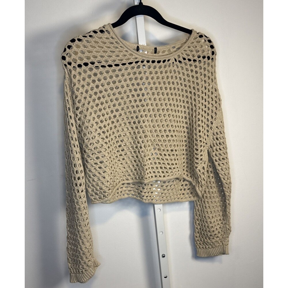 Women M Beige Roll Neck Cropped Pullover Crochet Sweater Open Knit Beach Layer